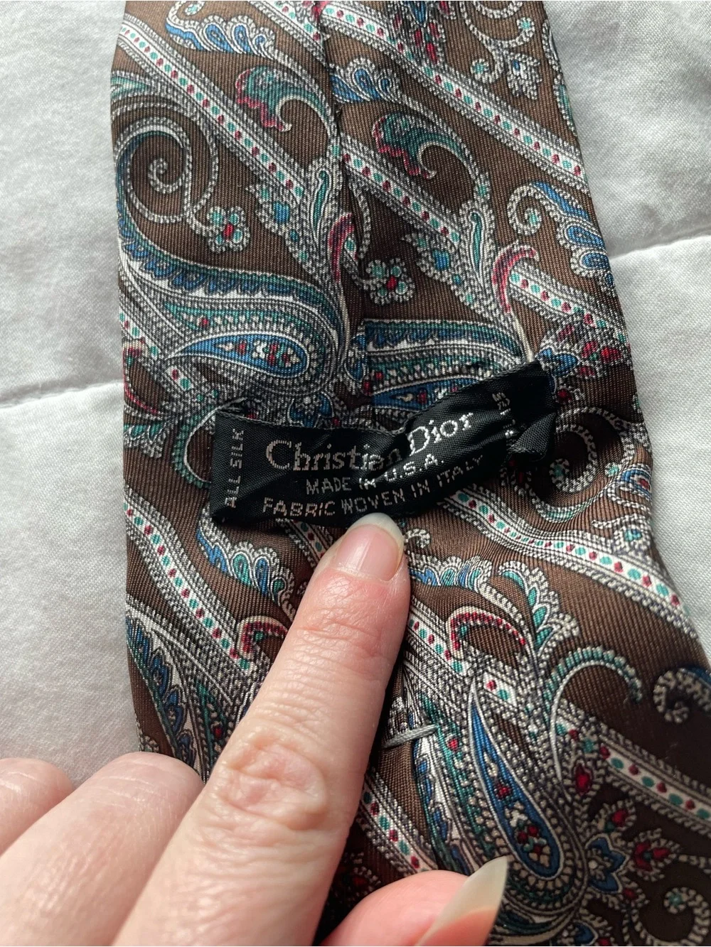Vintage Dior Silk Brown Teal Paisley Tie Office Work Old Money Heritage Academia